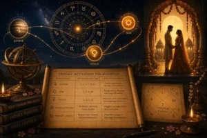 Vedic astrology marriage timing through planetary transits showing Jupiter, Venus, Sun, zodiac wheel, 7th house activation, and marriage indicators in a birth chart
