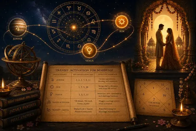 Vedic astrology marriage timing through planetary transits showing Jupiter, Venus, Sun, zodiac wheel, 7th house activation, and marriage indicators in a birth chart