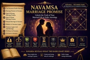 Navamsa Marriage Promise in Vedic astrology showing marriage prediction, strong and weak marriage promise indicators, delayed marriage, Navamsa Lagna, and 7th house analysis.