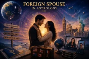 Foreign spouse indications in Vedic astrology featuring international marriage, marriage abroad, intercultural relationships, and long-distance love connections.