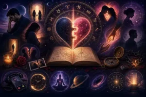 A mystical astrology-themed illustration featuring a glowing heart split into two halves—one cracked and one restored—floating above an ancient astrological book. Surrounding the heart are zodiac symbols, celestial charts, cosmic portals, clocks, broken chains, vintage photographs, a ringing phone, candles, roses, and silhouettes of couples experiencing separation, healing, reunion, and closure. The scene is set against a star-filled galaxy with deep purple, blue, and golden tones, symbolizing ex-relationships, reconciliation, soulmate connections, karmic lessons, and emotional transformation.